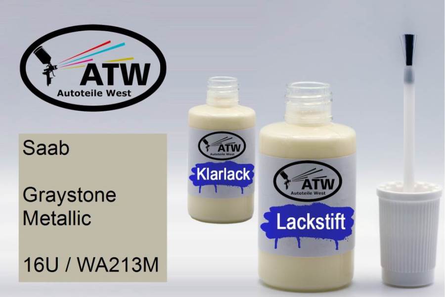 Saab, Graystone Metallic, 16U / WA213M: 20ml Lackstift + 20ml Klarlack - Set, von ATW Autoteile West.